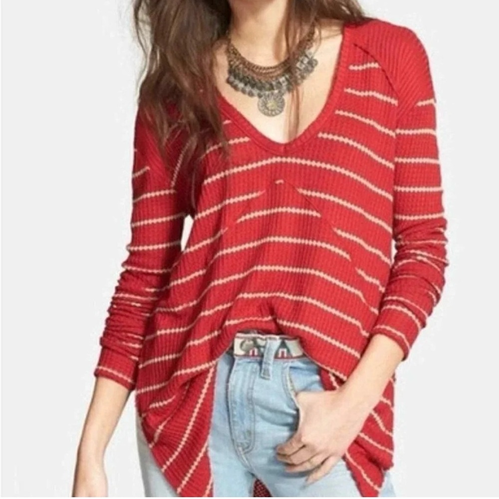 Free People Red Ribbed Long Sleeve Blouse